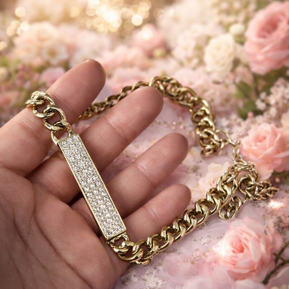 Dazzling Gold Chunky Chain Choker Necklace with Rhinestone Bar Stainless Steel